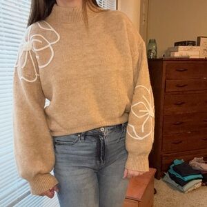 Gilli Tan Cowl Neck Sweater with White Floral Accents